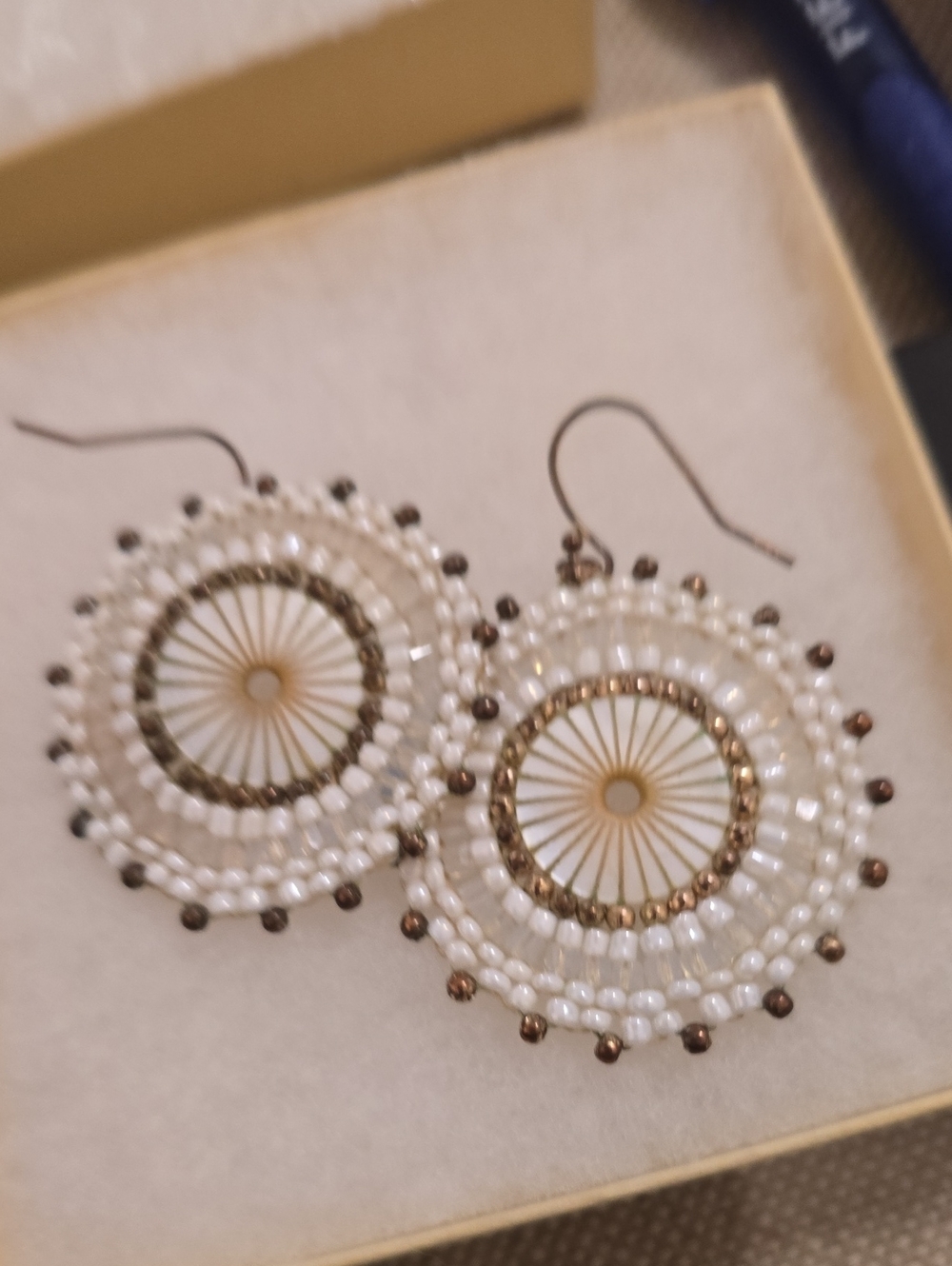 Vintage Bohemien White Beaded Wheel Drop Earrings - Unbranded